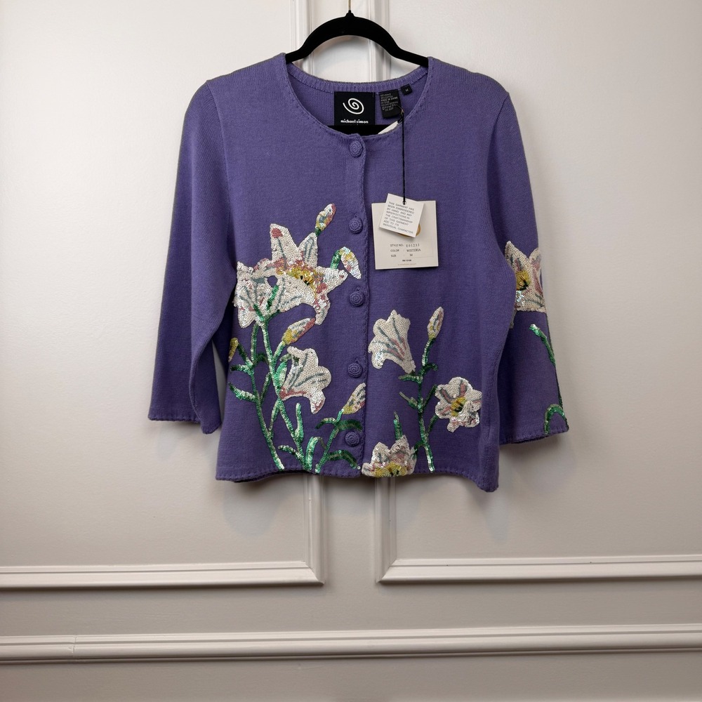 Michael Simon Event Wisteria Purple Sequin Floral Cardigan Sweater E01233 NWT M